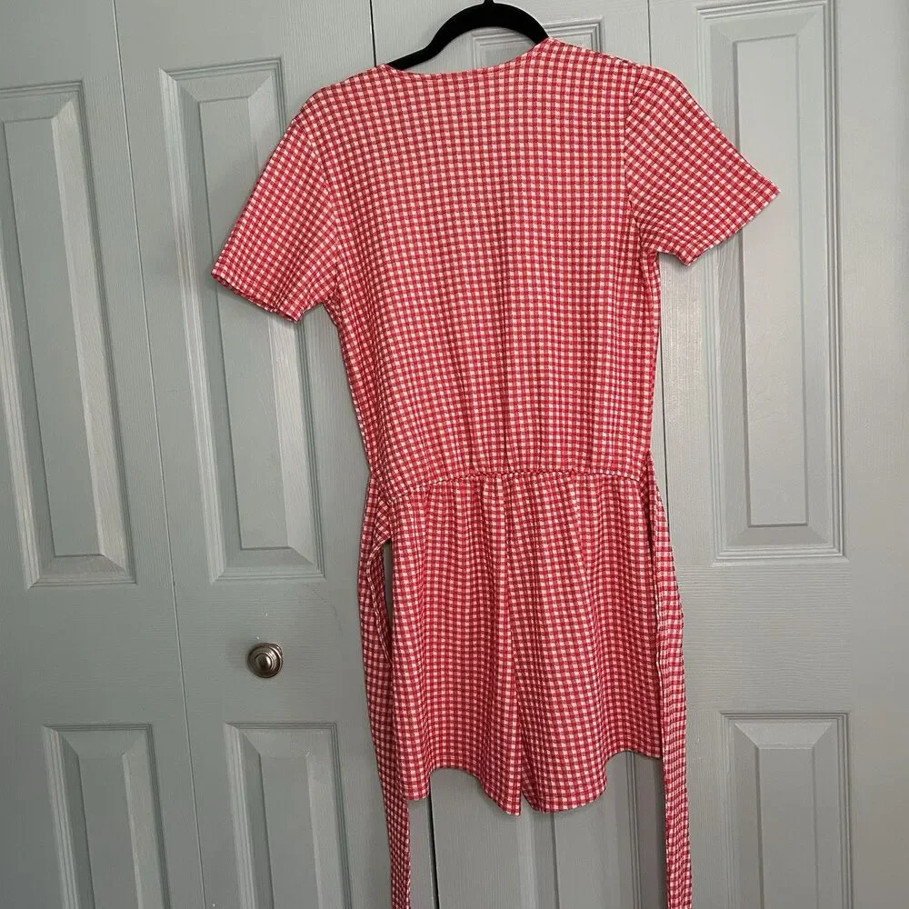 Zara Trafaluc TRF Women Red Check V-Neck‎ Waist Tie Wrap Romper Small